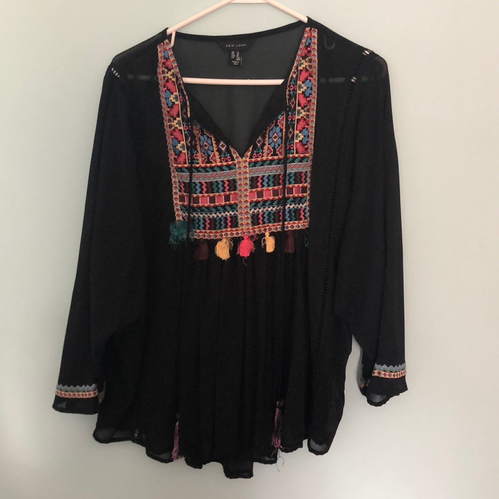 New Look Black Blouse w/ Tribal Pattern